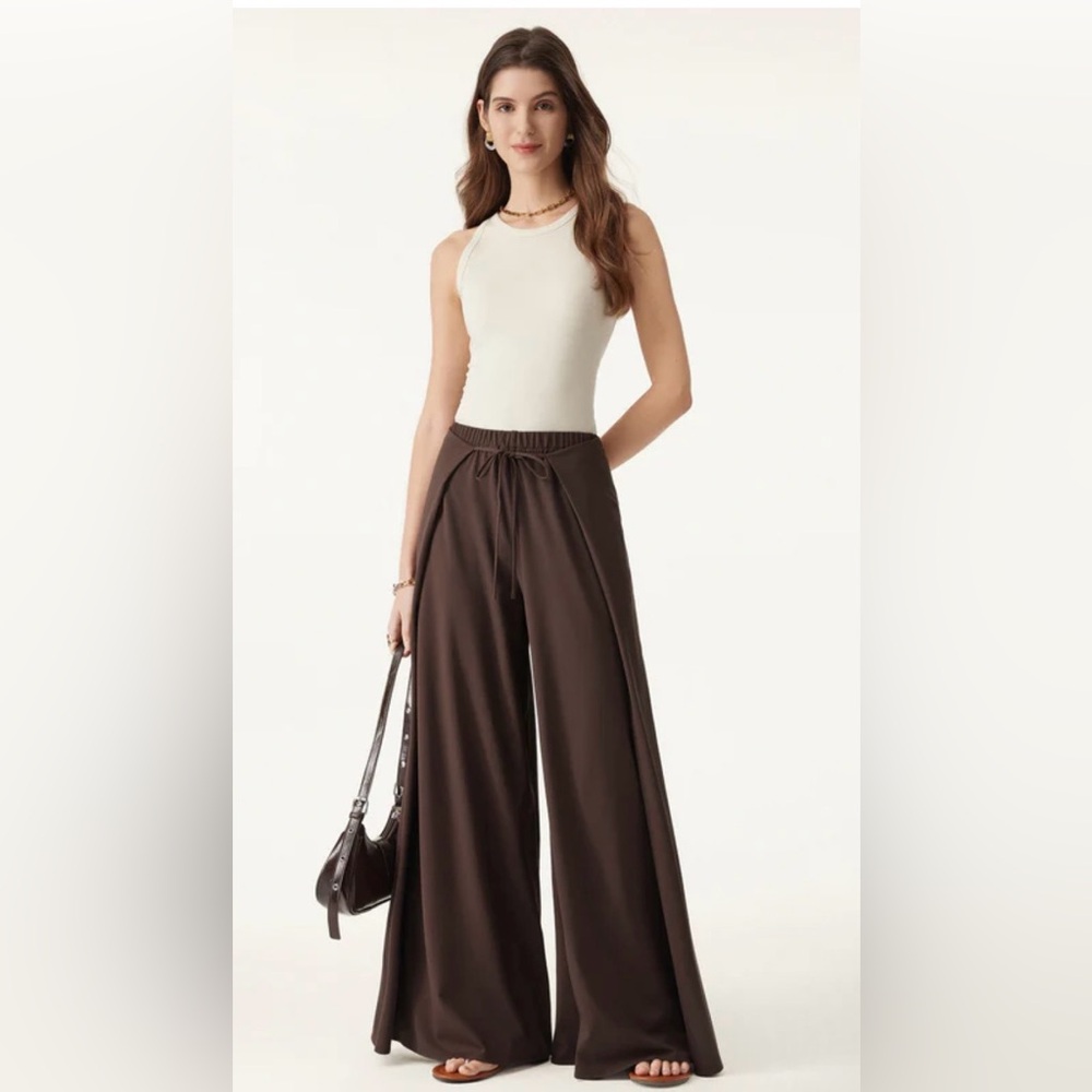 OGL Ponte-De-Roma Bamboo Ponte Wrap-tie Palazzo Pants with Pockets Walnut